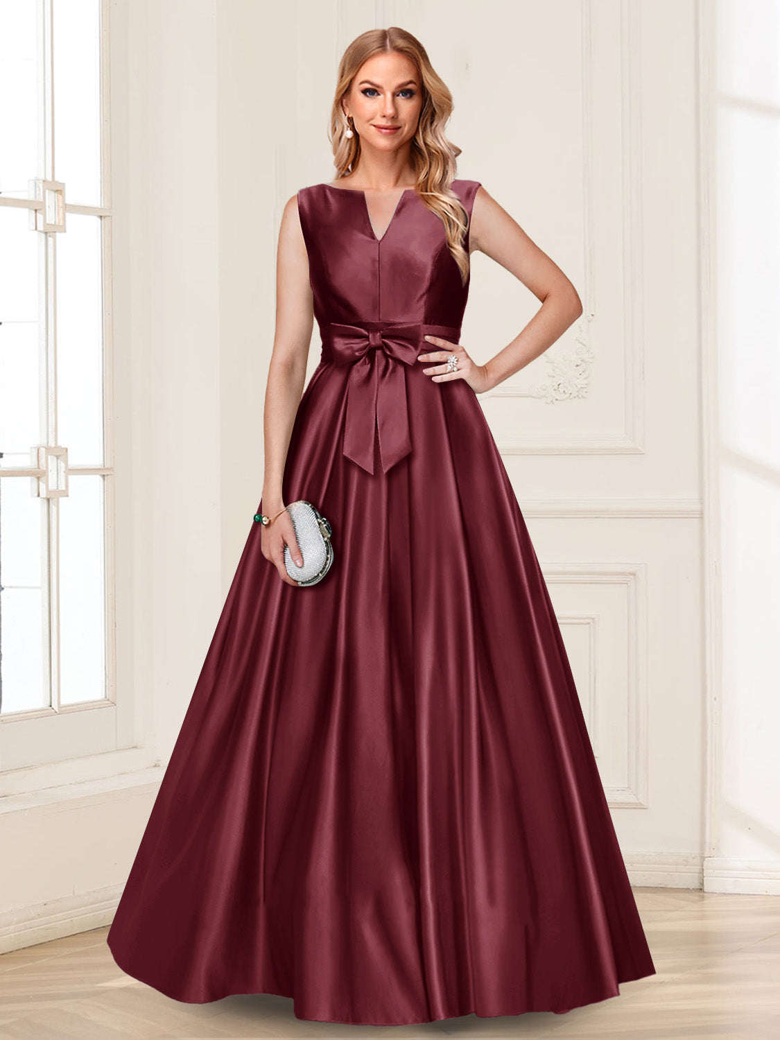 Gina Mae Burgundy back view mother of the bride dress