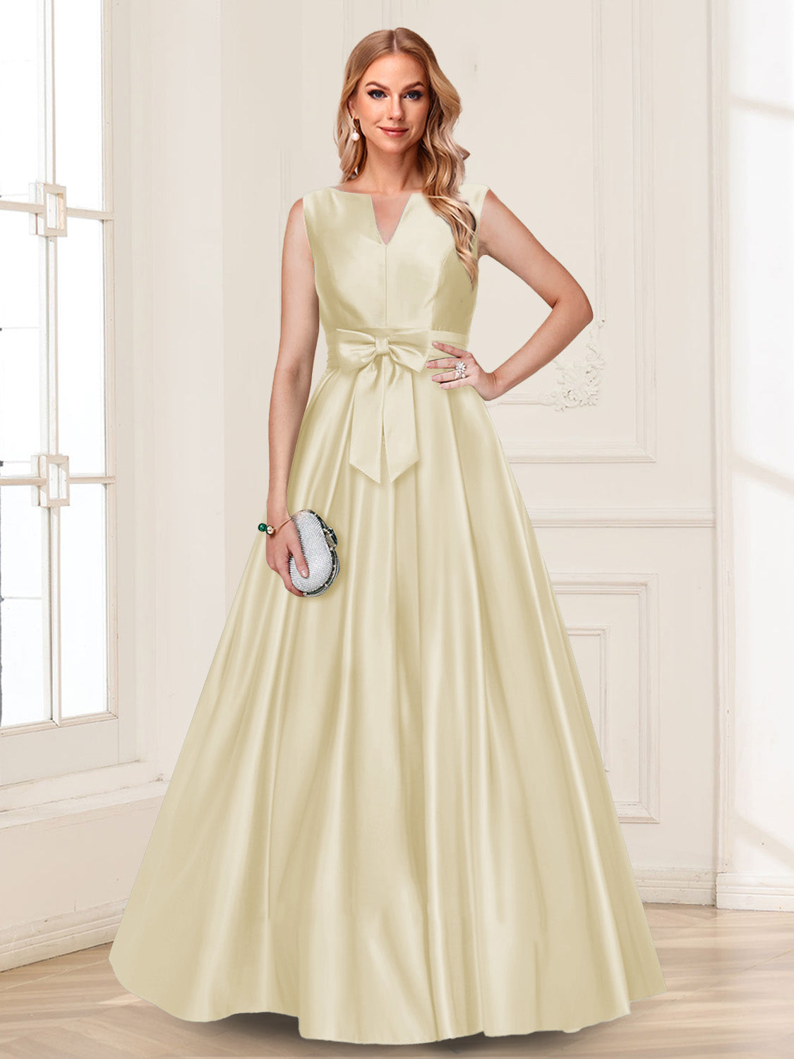 Gina Mae Champagne back view mother of the bride dress