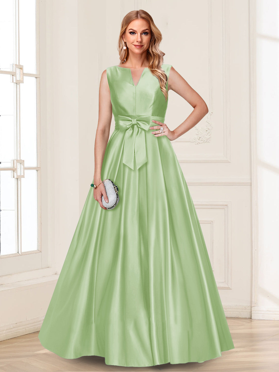 Gina Mae Sage Green back view mother of the bride dress