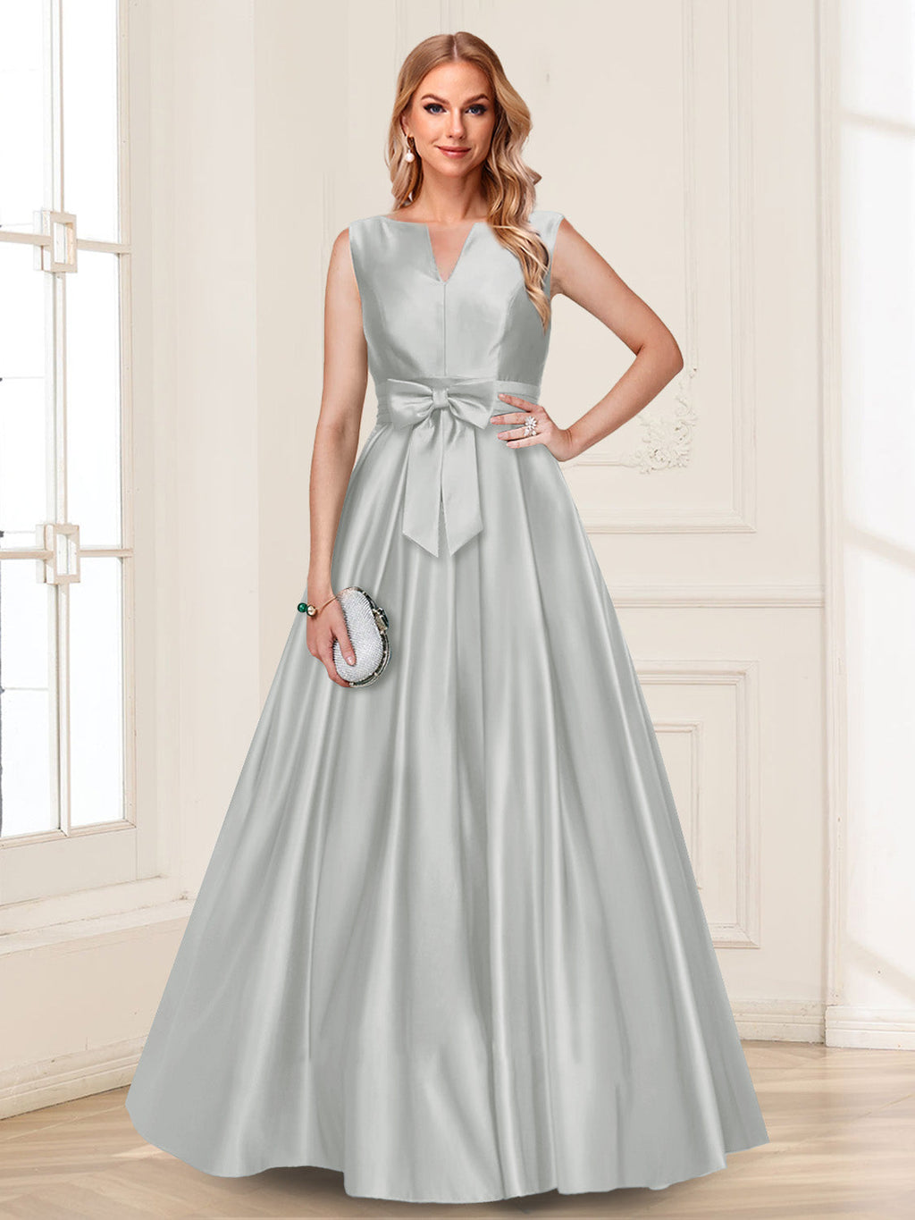 Gina Mae Silver front view mother of the bride dress