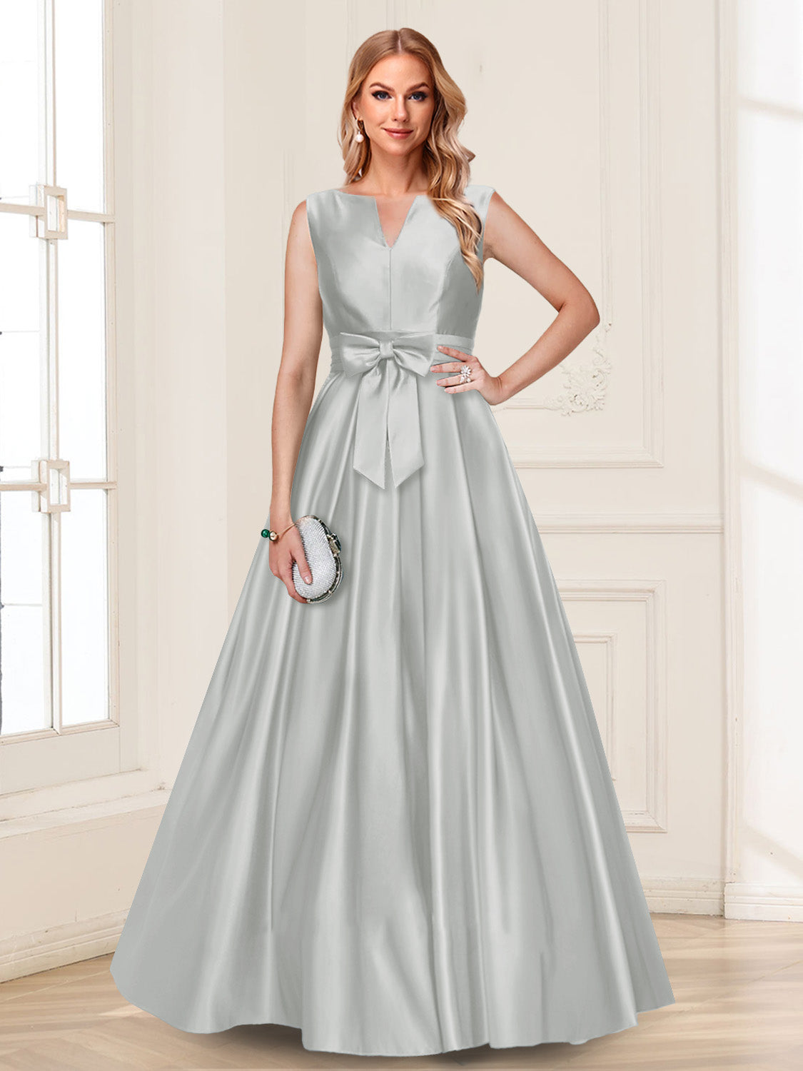 Gina Mae Silver front view mother of the bride dress