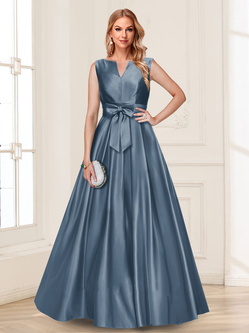 Gina Mae Steel Blue front view mother of the bride dress