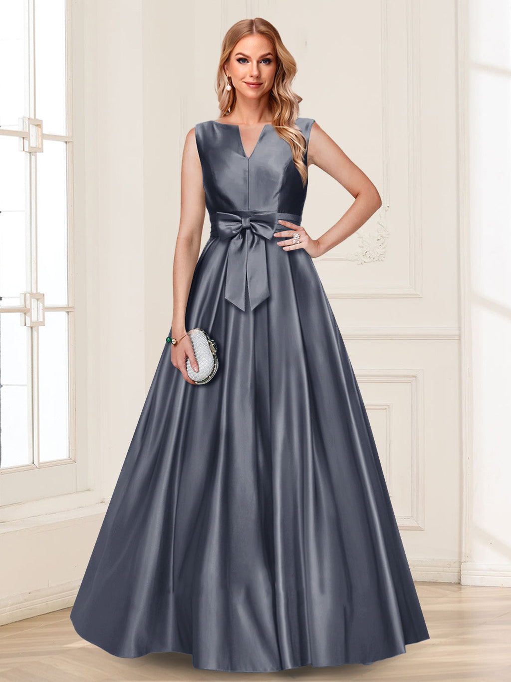 Gina Mae Dusty Blue back view mother of the bride dress