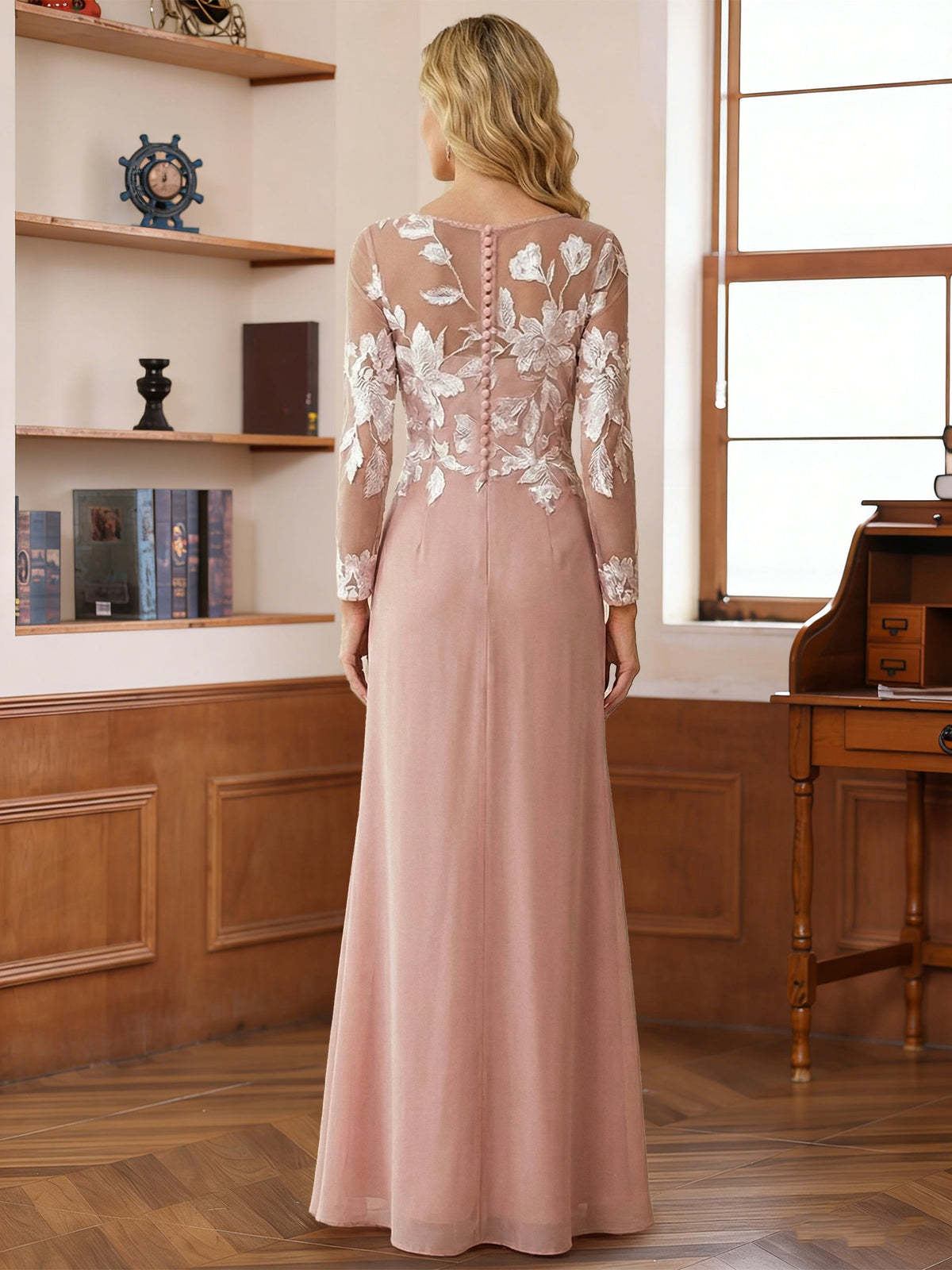 Rosaline Hope Dusty Rose back view mother of the bride dress