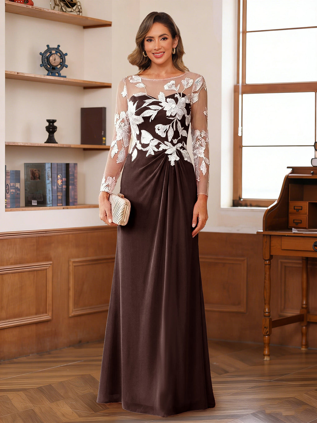 Rosaline Hope Brown front view mother of the bride dress