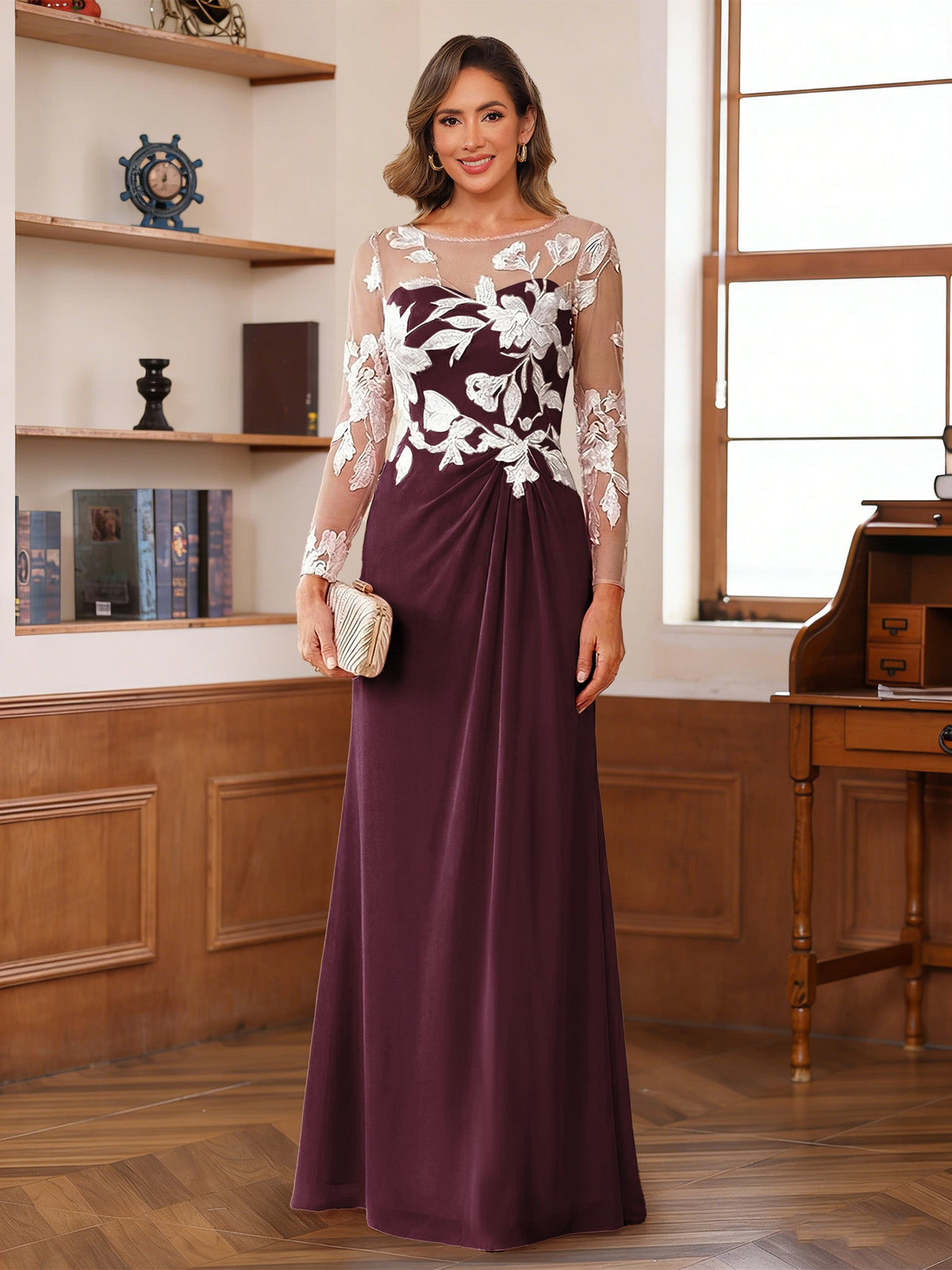 Evelyne burgundy front view mother of the bride dress