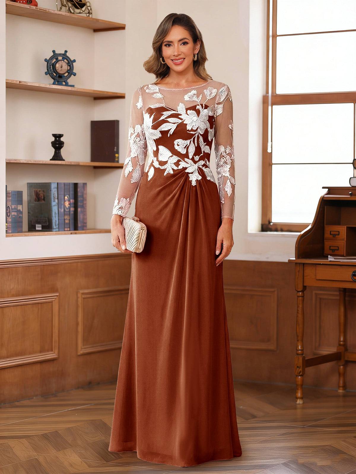 Evelyne burnt orange front view mother of the bride dress