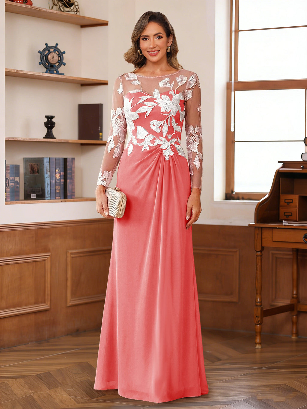 Rosaline Hope Coral back view mother of the bride dress