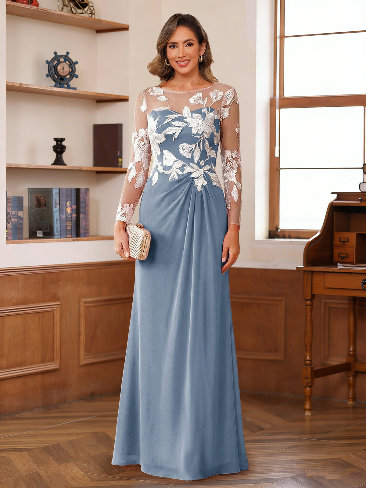 Rosaline Hope Dusty Blue front view mother of the bride dress