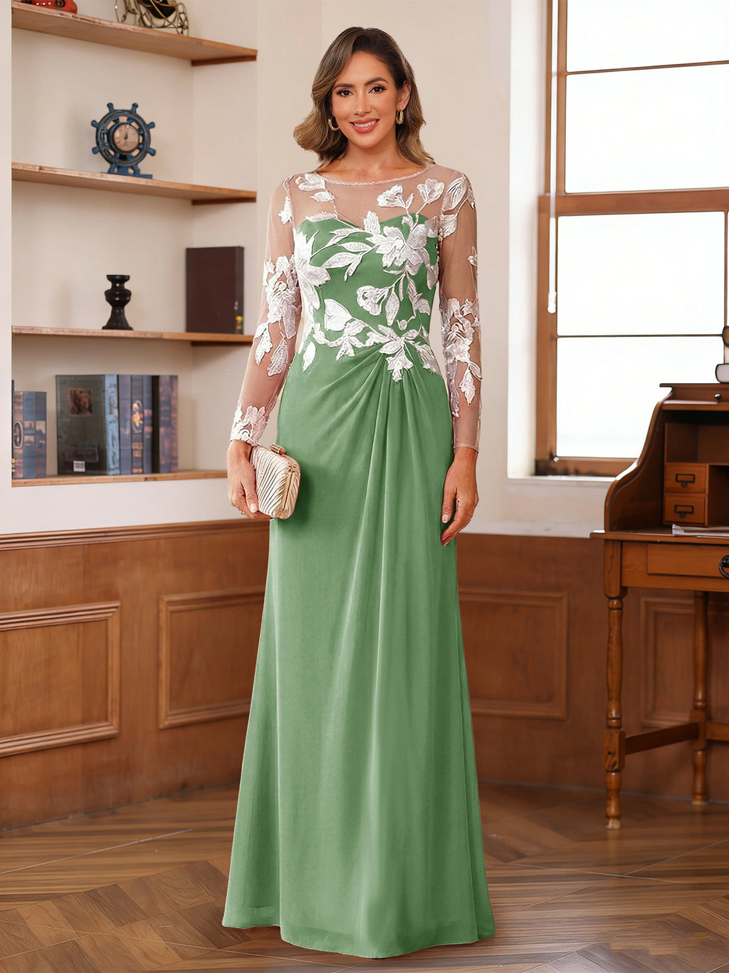 Rosaline Hope Sage Green back view mother of the bride dress