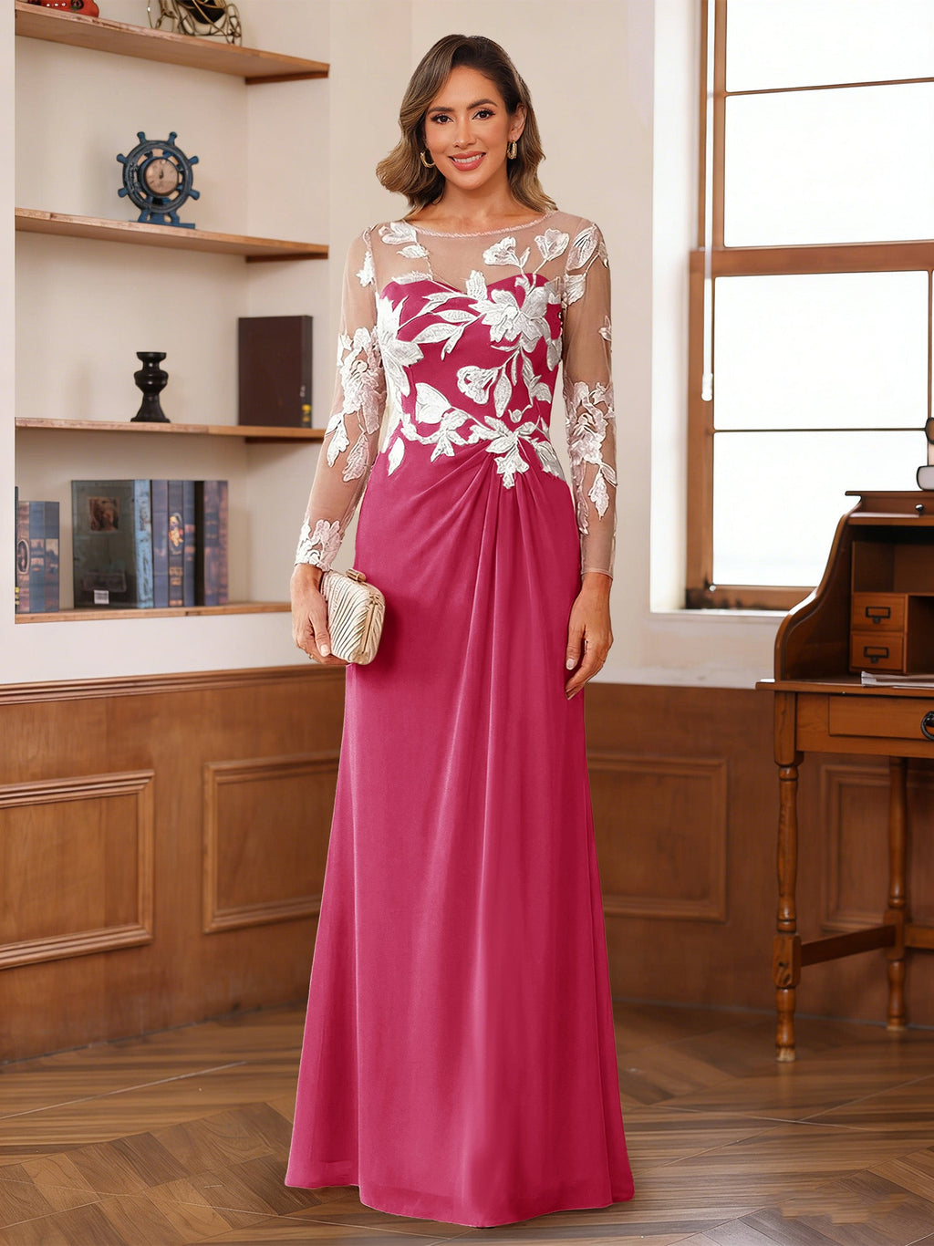 Evelyne fuchsia front view mother of the bride dress