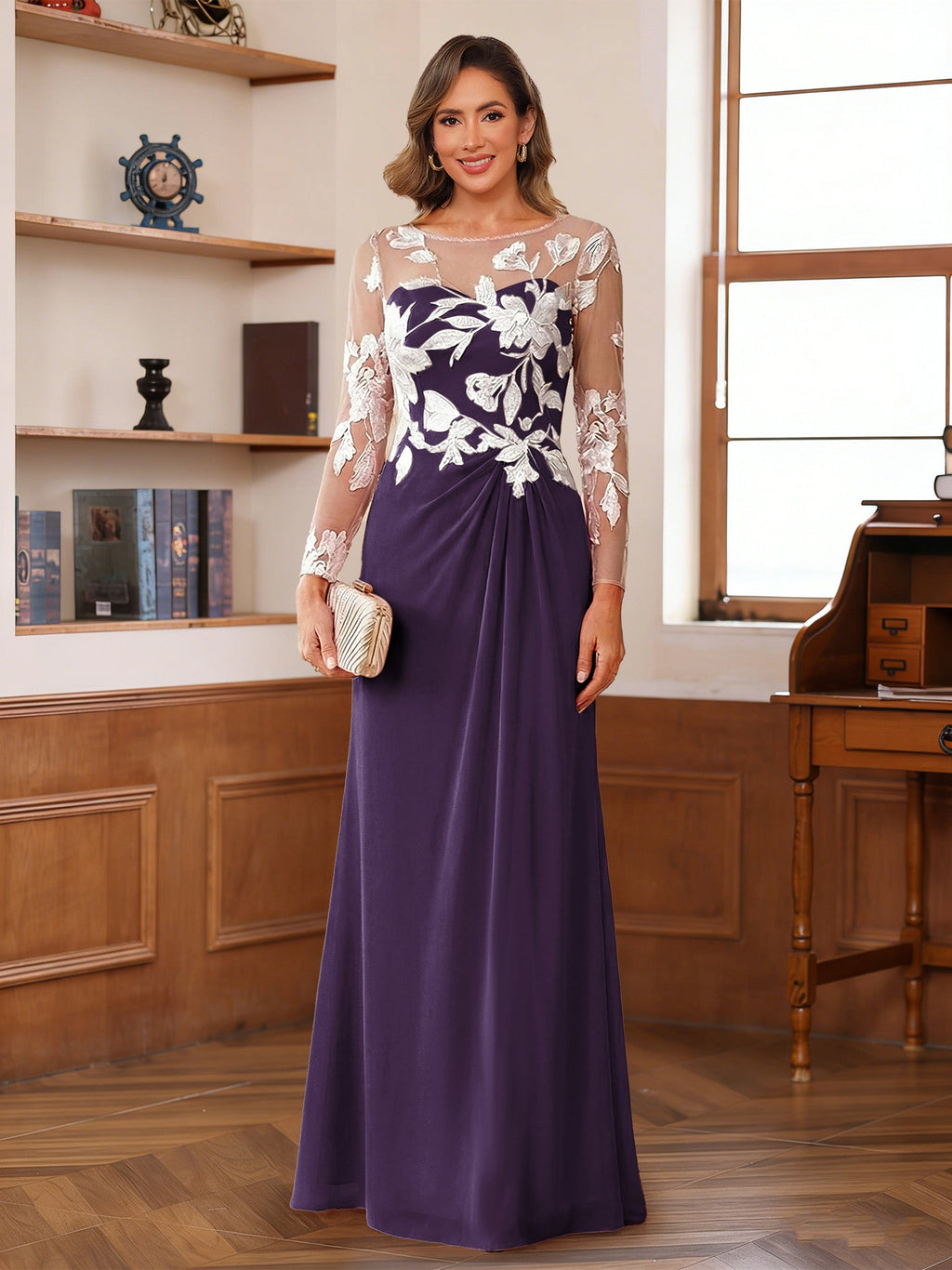 Evelyne grape front view mother of the bride dress