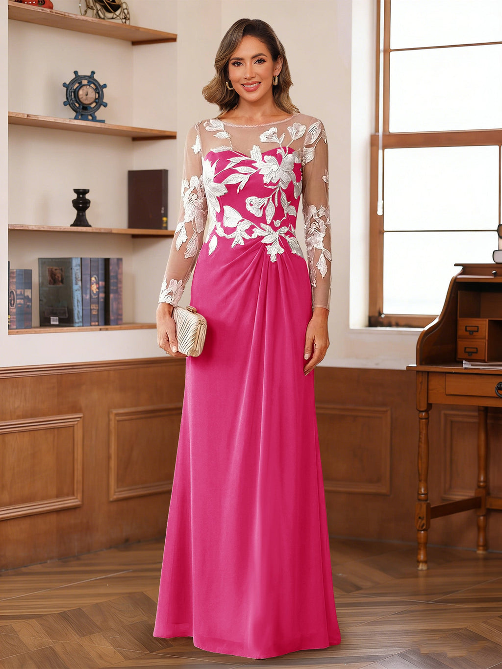 Evelyne hot pink front view mother of the bride dress