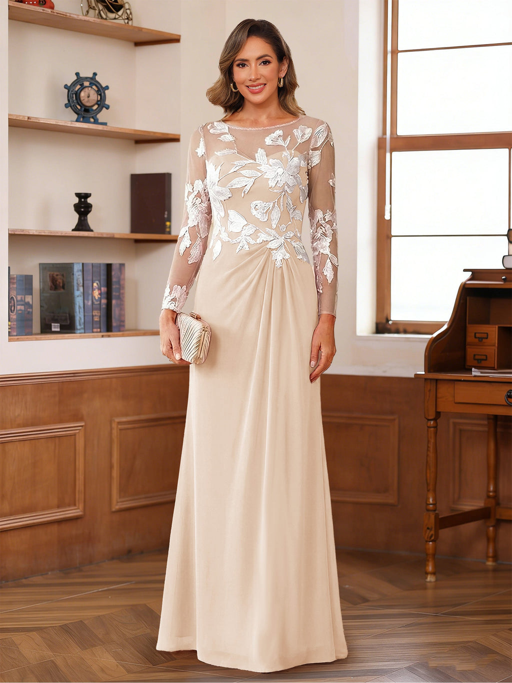 Evelyne champagne alternate front view 2 mother of the bride dress