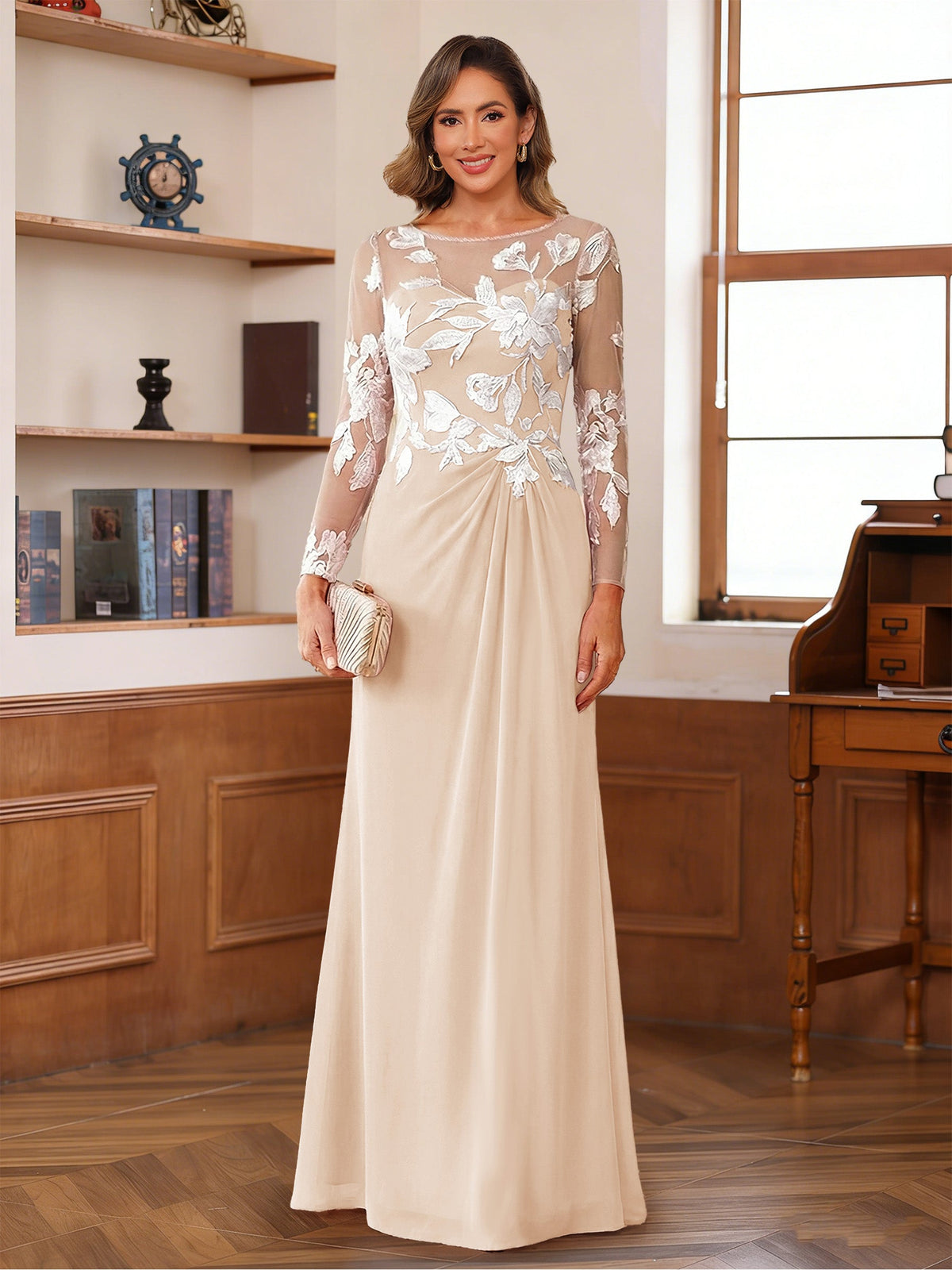 Evelyne champagne alternate front view 2 mother of the bride dress