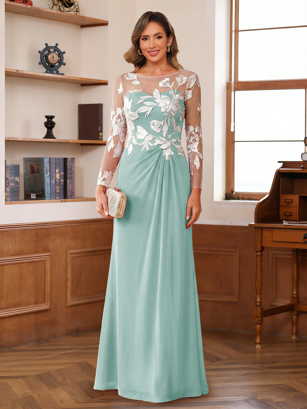 Evelyne pool blue front view mother of the bride dress