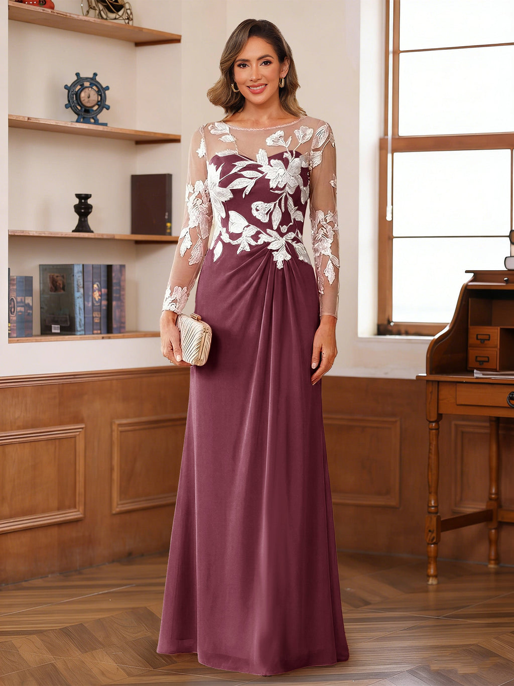 Evelyne plum front view mother of the bride dress