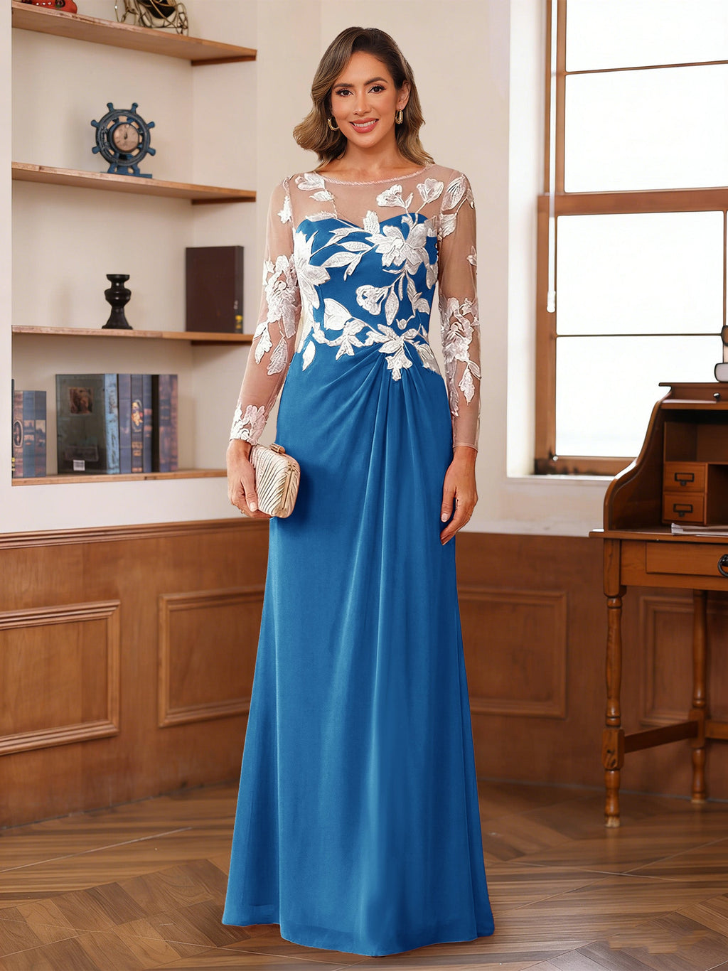 Evelyne ocean blue front view mother of the bride dress