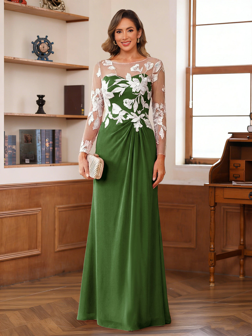 Evelyne olive green front view mother of the bride dress