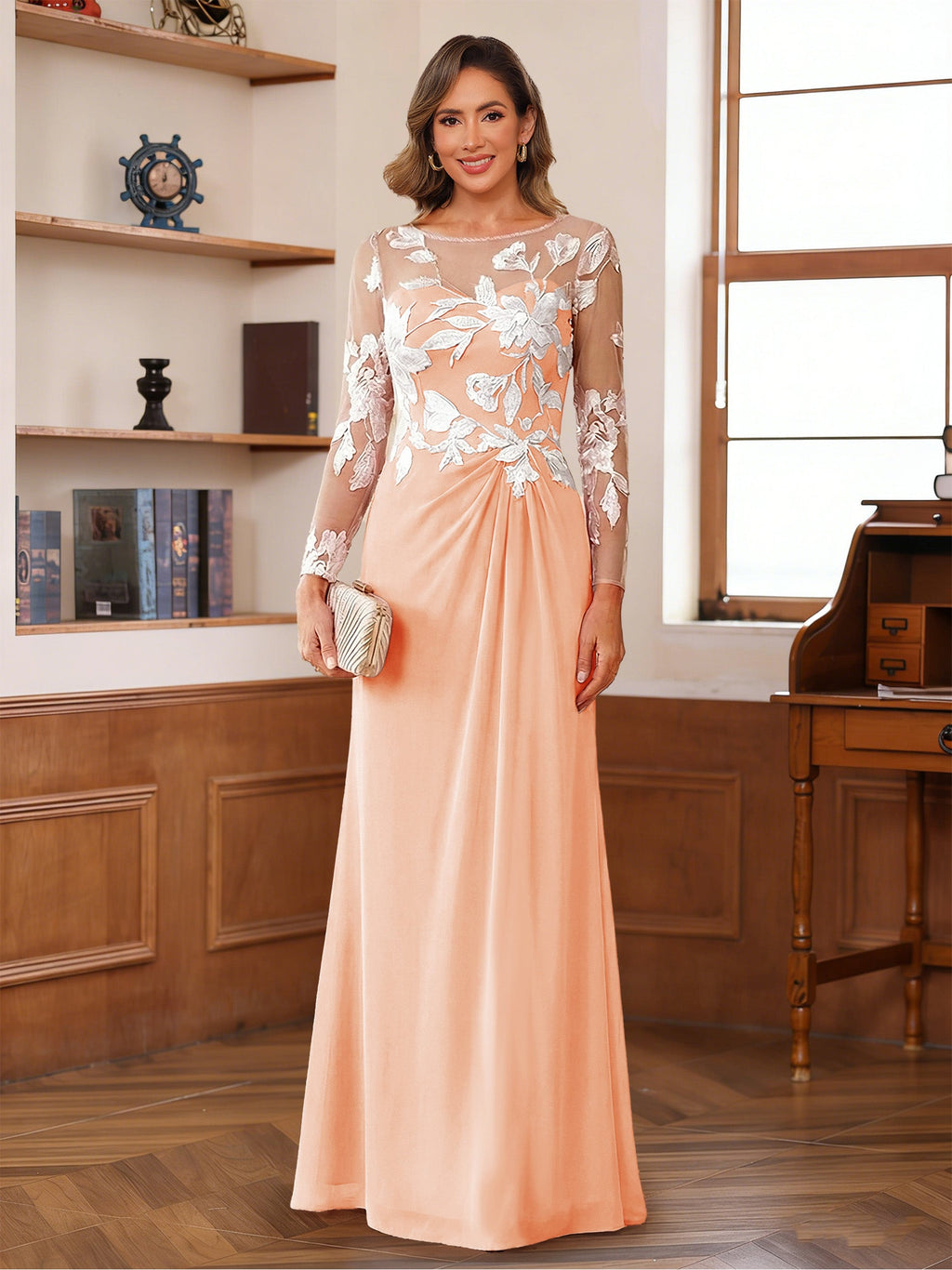 Rosaline Hope Peach front view mother of the bride dress