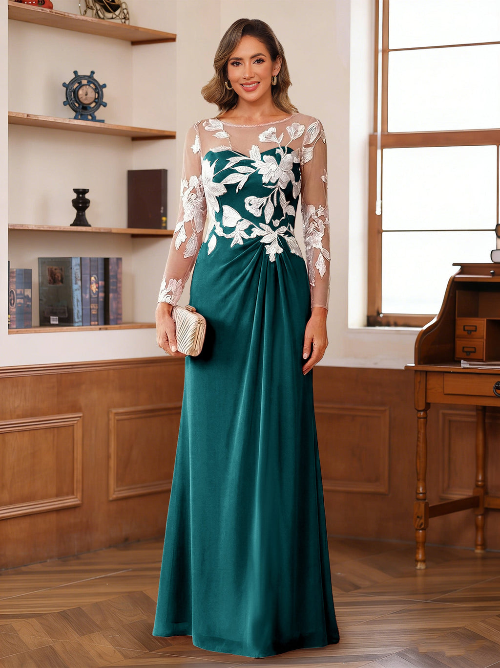 Evelyne peacock front view mother of the bride dress