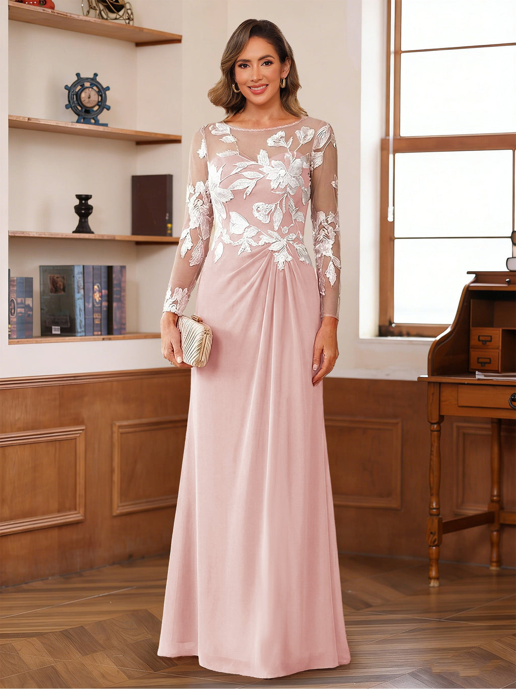 Rosaline Hope Pearl Pink back view mother of the bride dress
