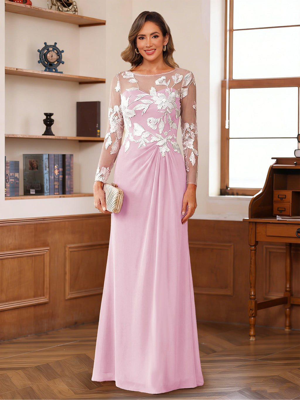 Evelyne rose pink front view mother of the bride dress