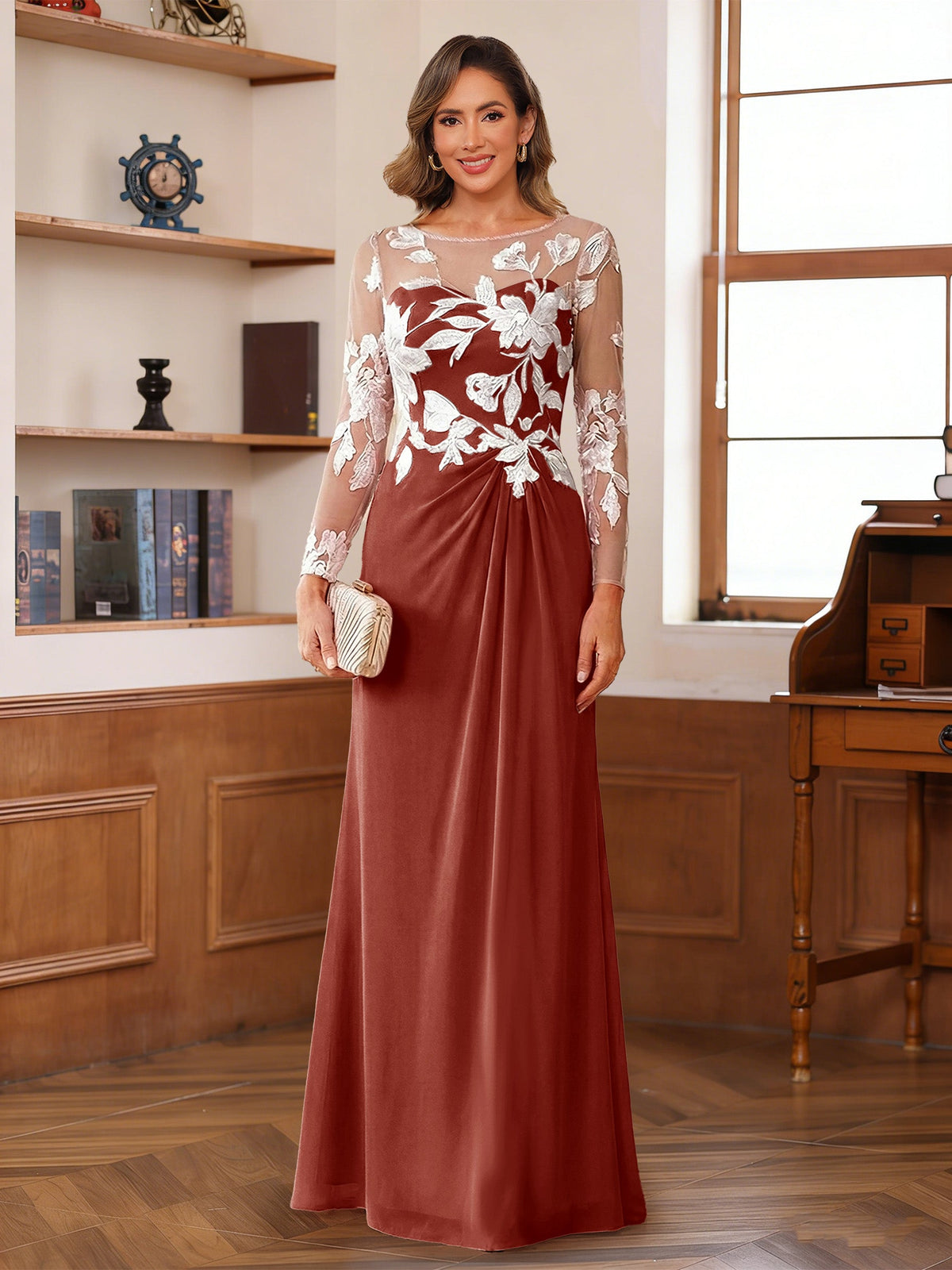 Evelyne rust front view mother of the bride dress