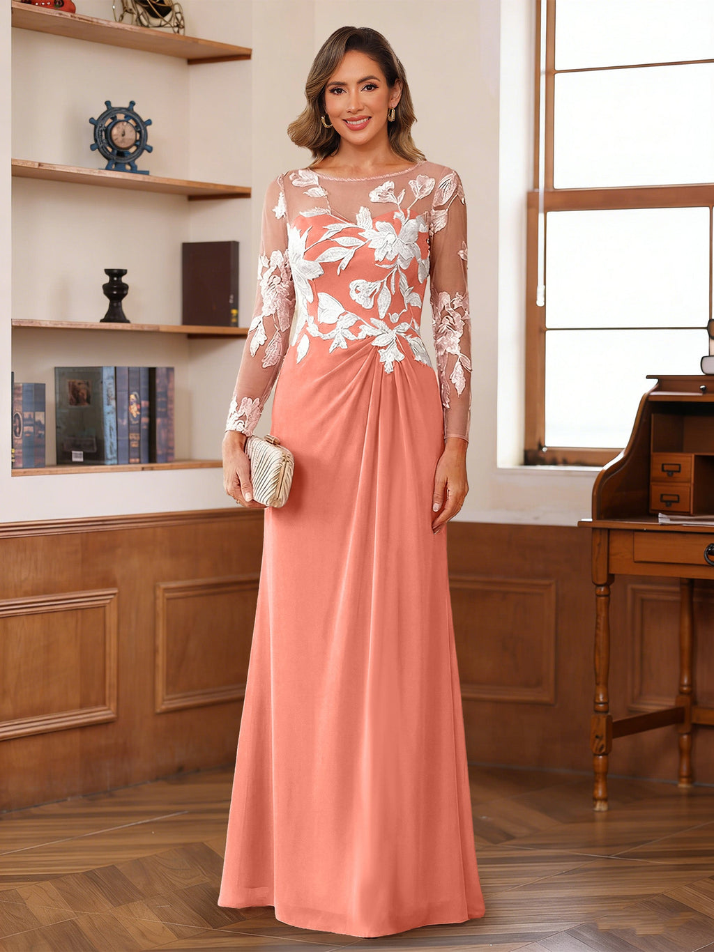 Evelyne coral front view mother of the bride dress