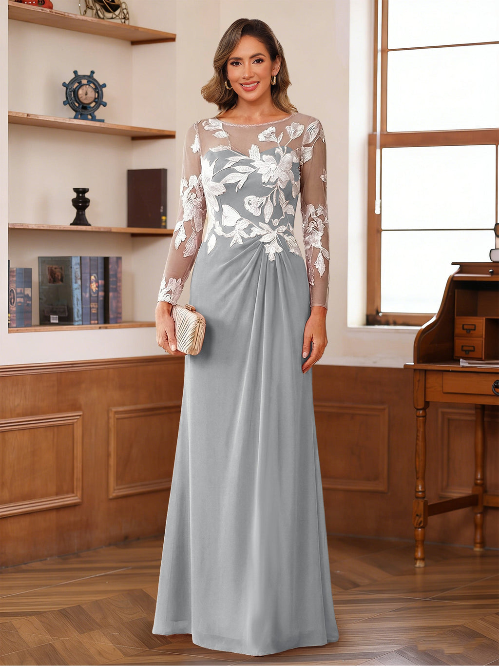 Evelyne silver front view mother of the bride dress