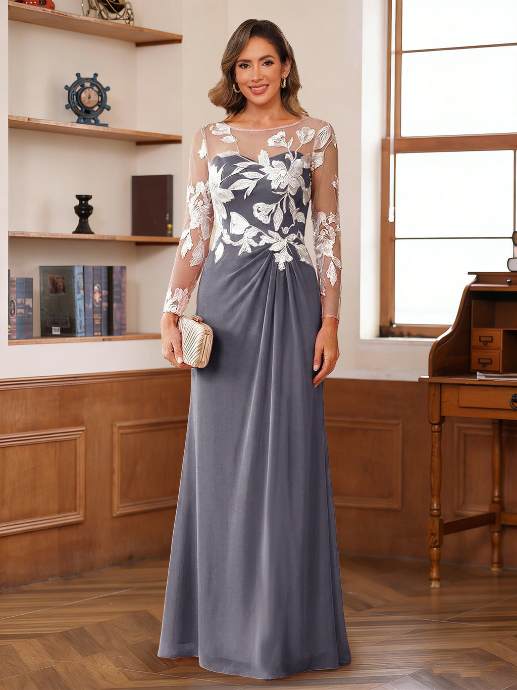 Evelyne steel grey front view mother of the bride dress