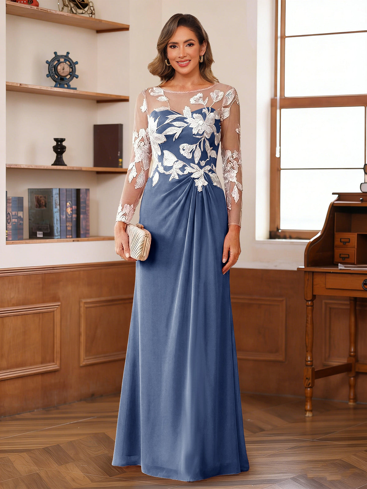 Evelyne steel blue front view mother of the bride dress