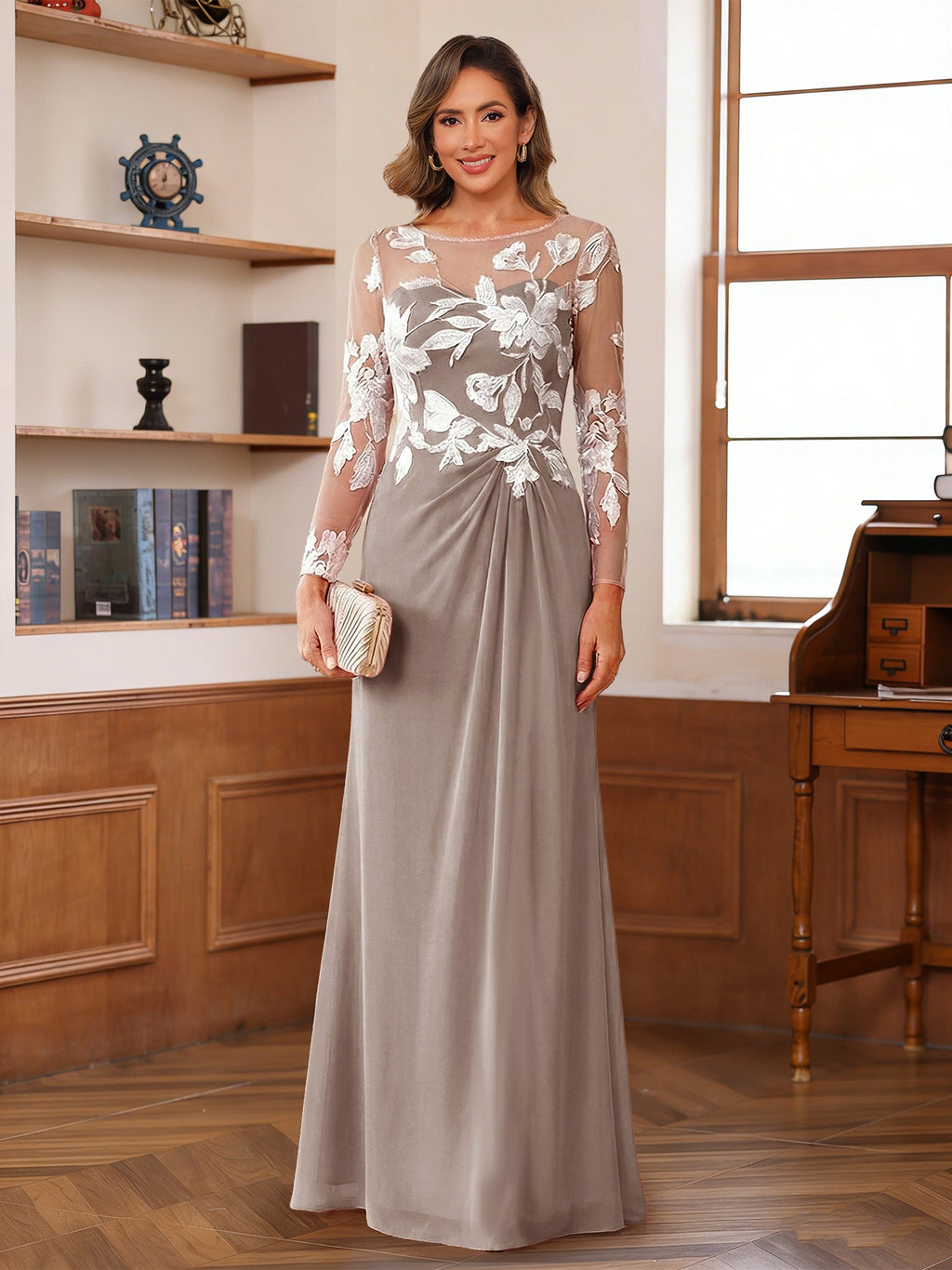 Evelyne taupe front view mother of the bride dress