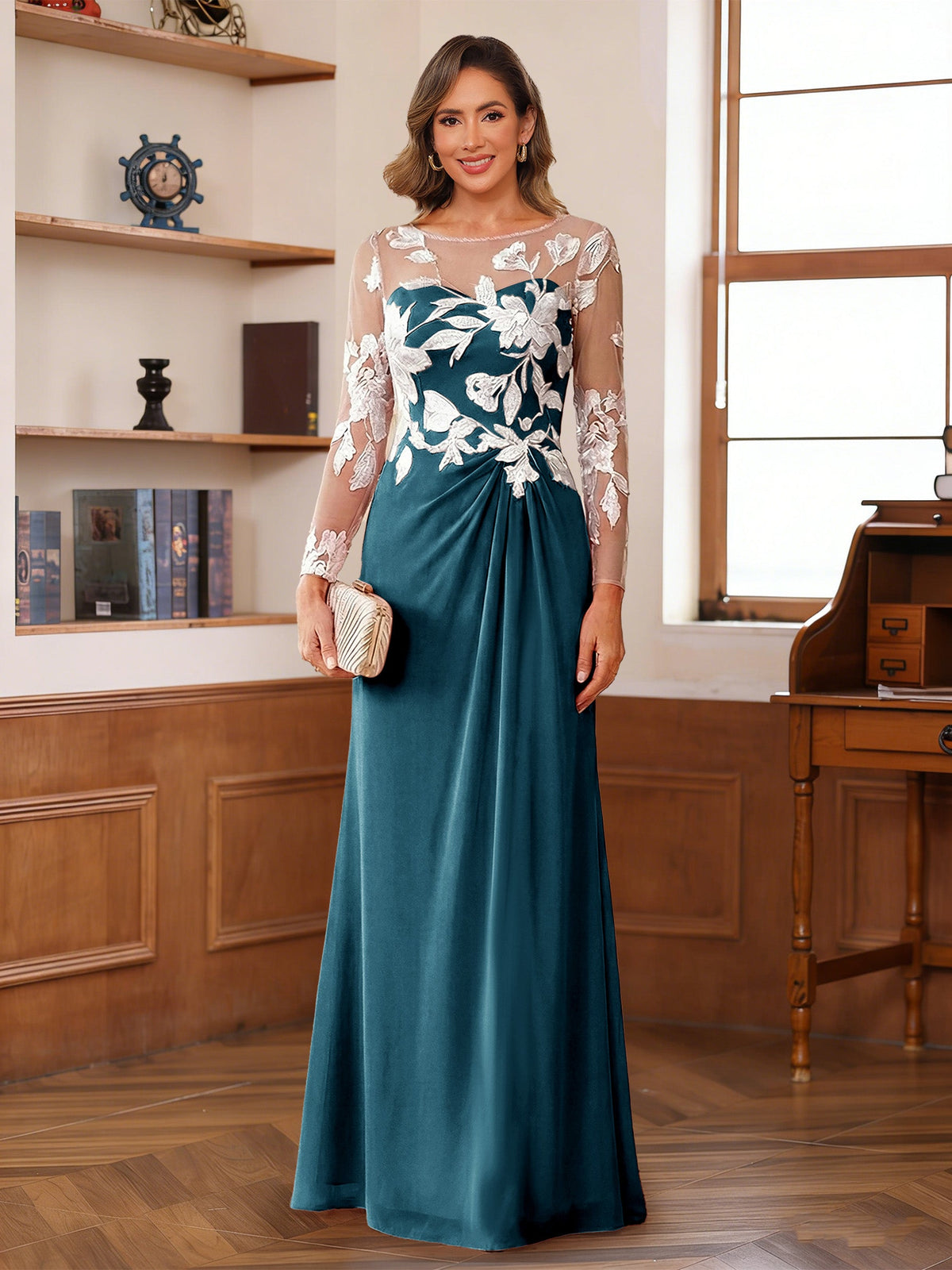 Evelyne teal front view mother of the bride dress