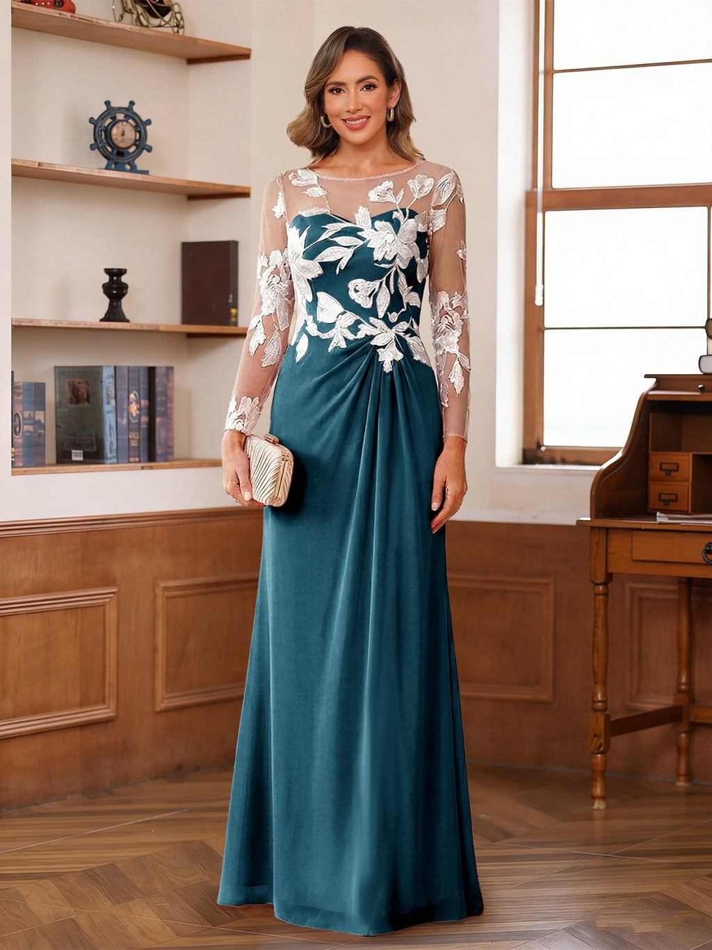 Rosaline Hope Teal front view mother of the bride dress