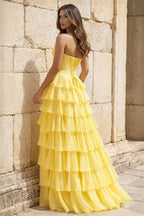 Strapless A-Line Ruffle Long Formal Prom Gown With Split