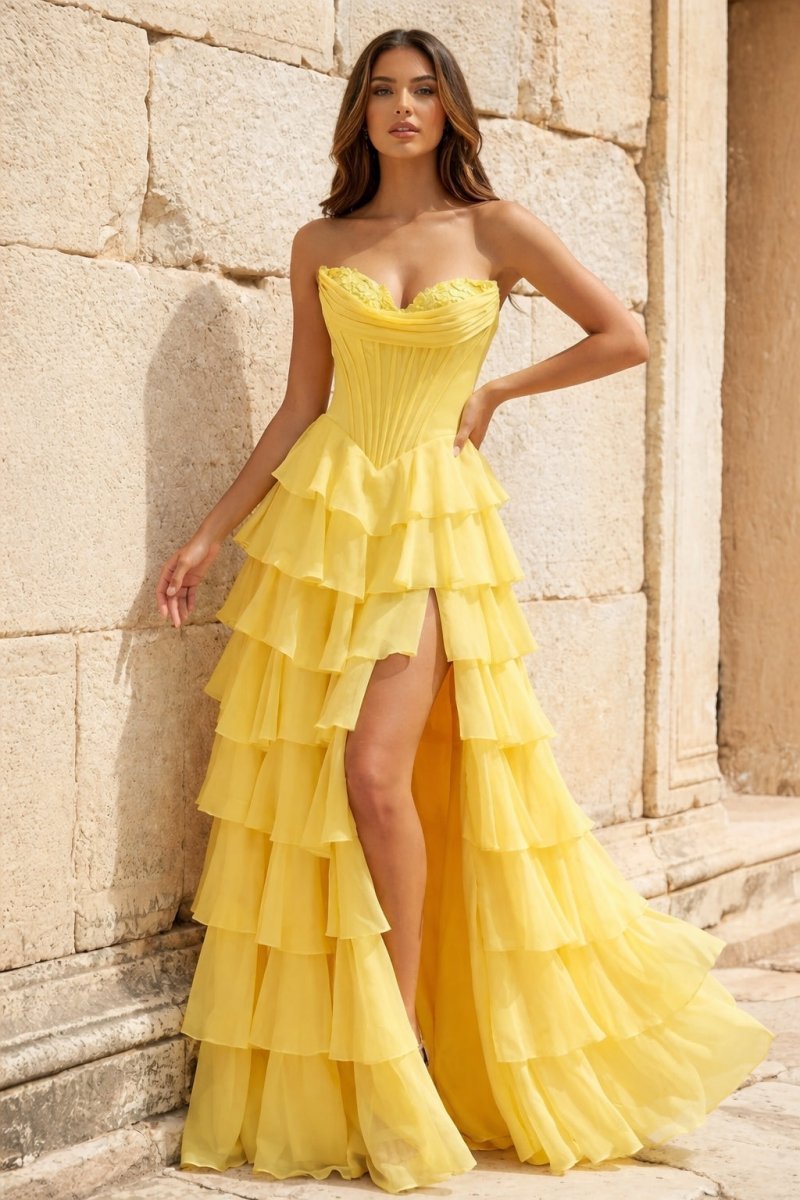 Strapless A-Line Ruffle Long Formal Prom Gown With Split