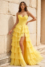 Strapless A-Line Ruffle Long Formal Prom Gown With Split