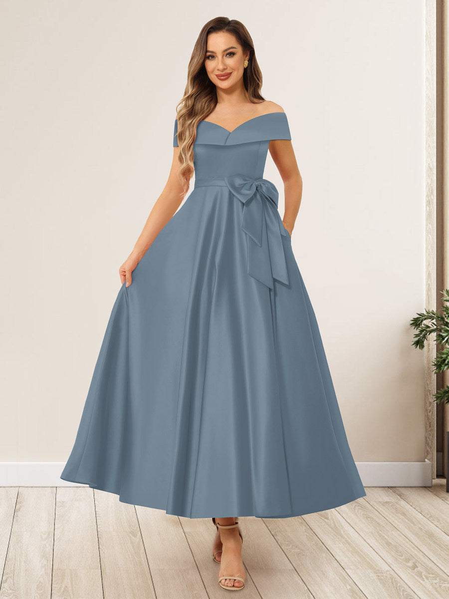 Evania Dusty Blue front view wedding guest dress