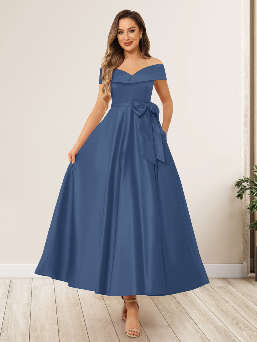 Evania Steel Blue front view wedding guest dress