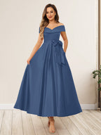 Evania Steel Blue front view wedding guest dress