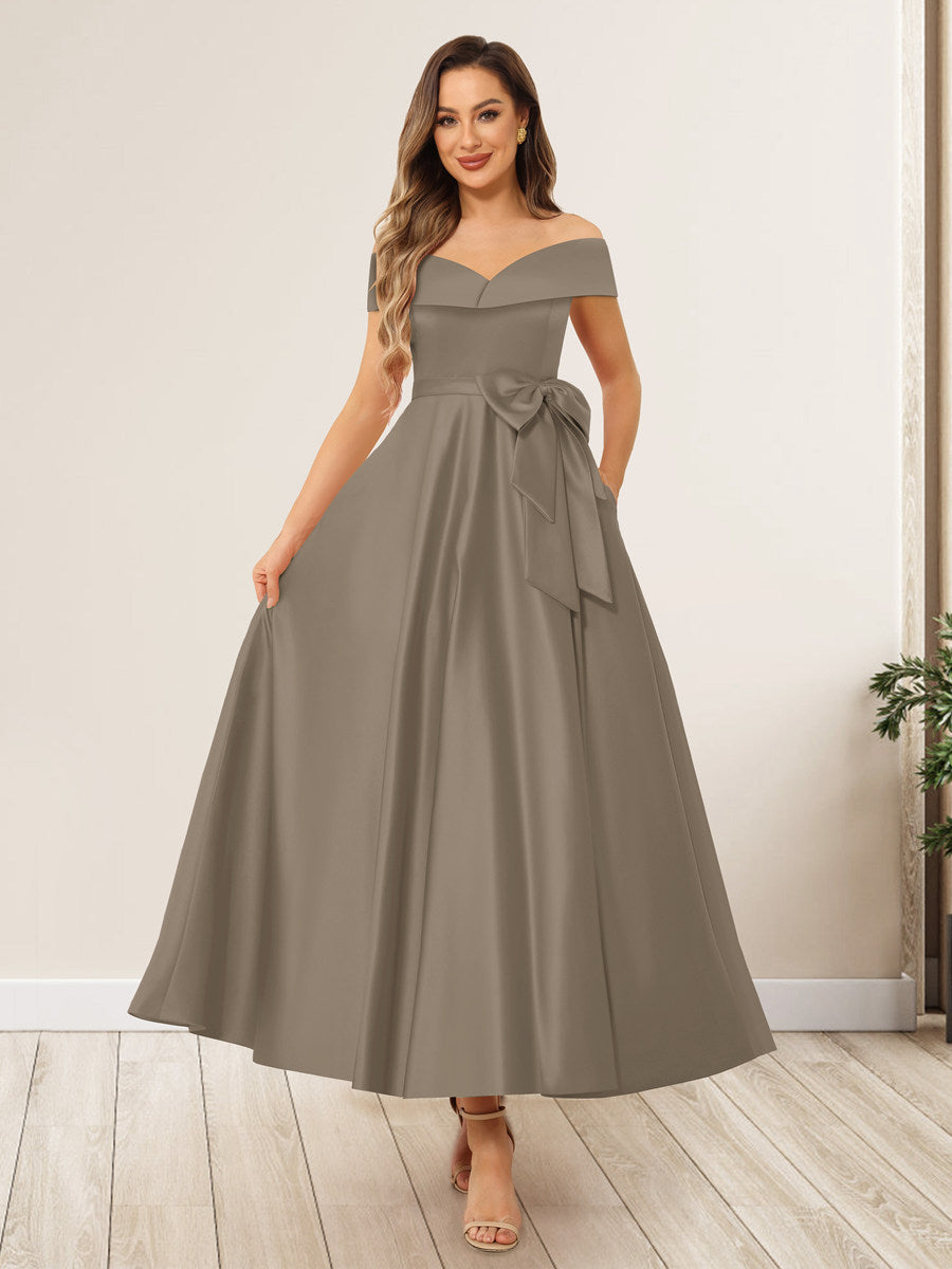 Evania Taupe front view wedding guest dress