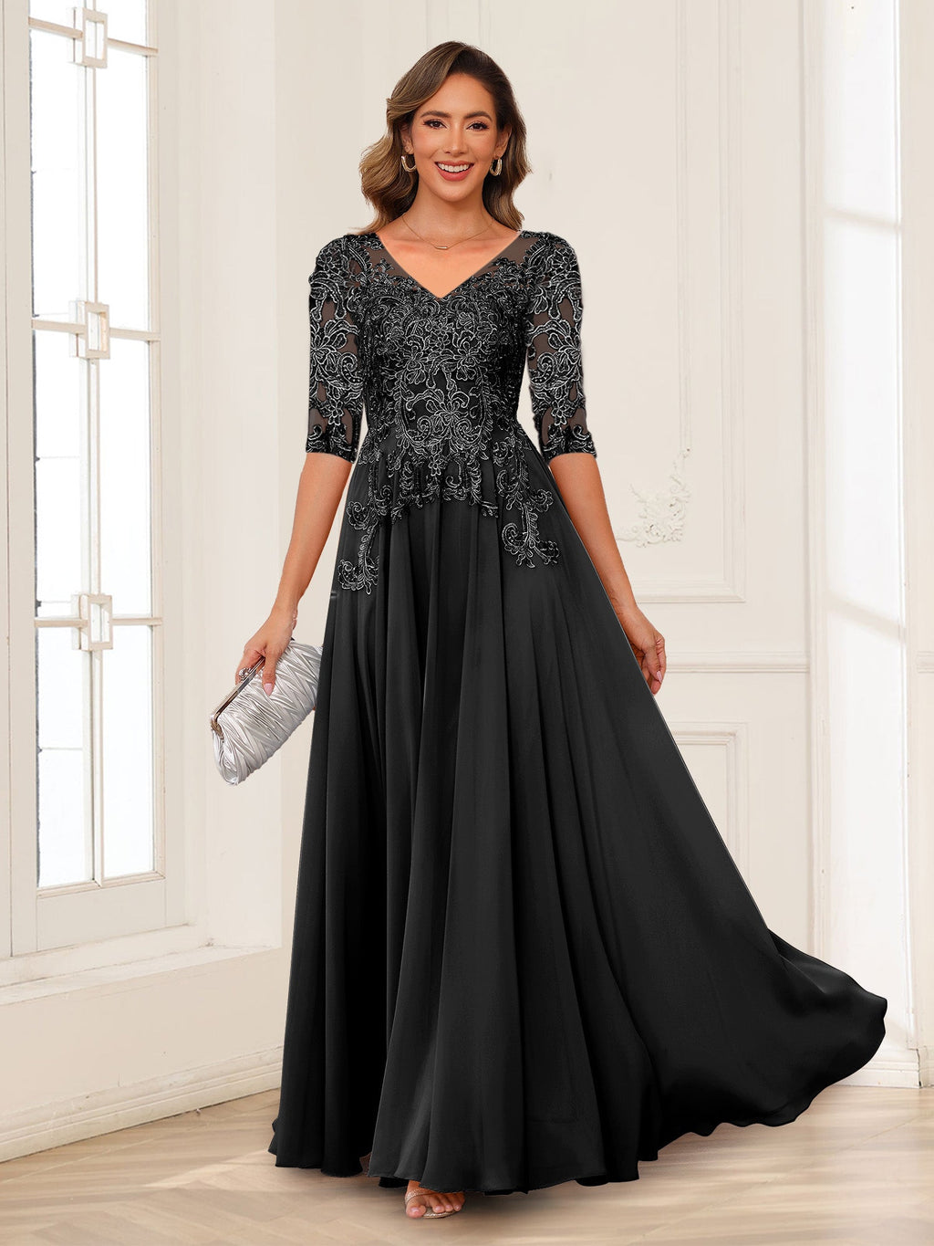 Calista Rowan Black front view mother of the bride dress