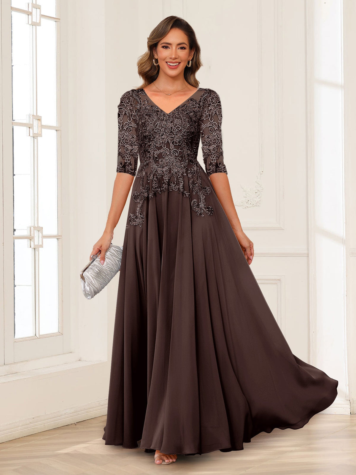 Florence brown front view mother of the bride dress