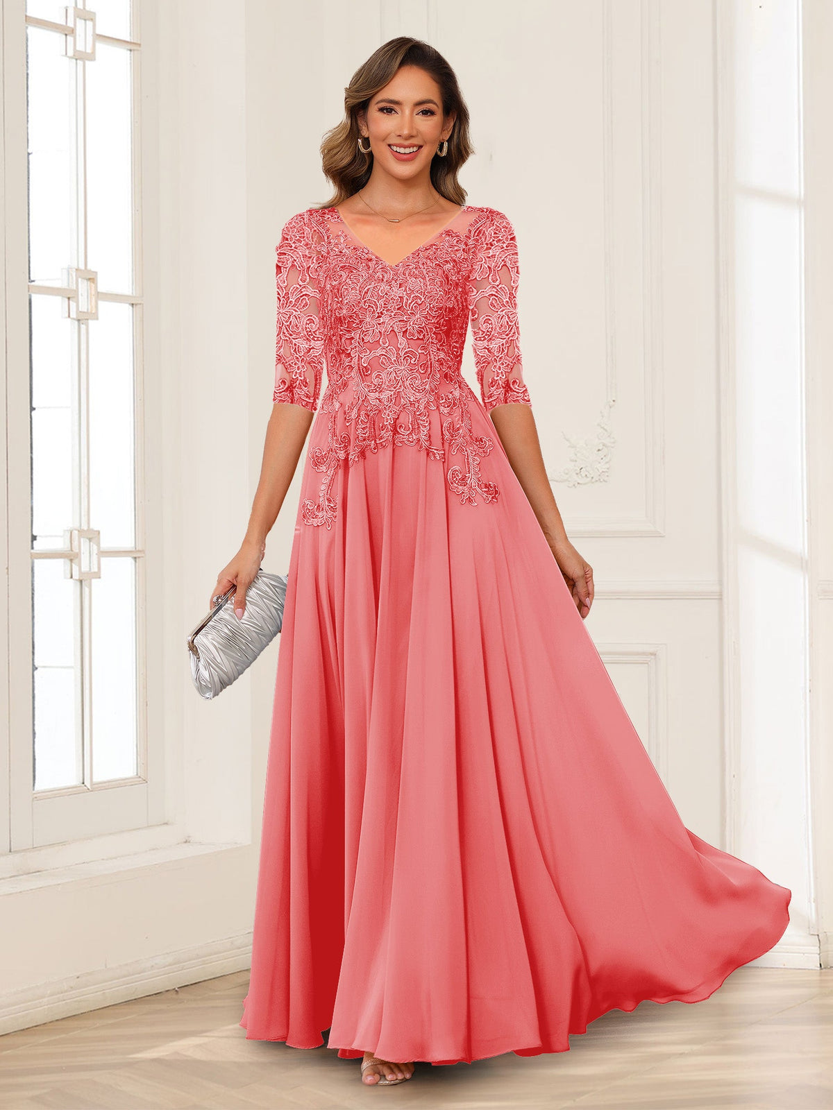 Calista Rowan Coral front view mother of the bride dress