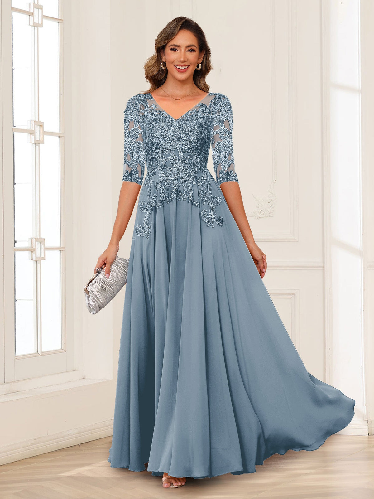 Florence dusty blue front view mother of the bride dress