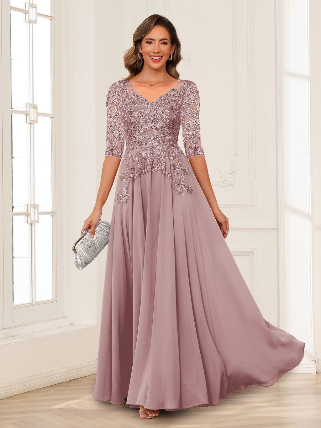 Florence dusty rose front view mother of the bride dress