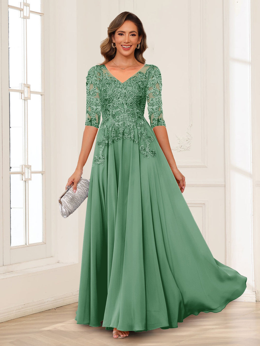 Calista Rowan Eucalyptus front view mother of the bride dress