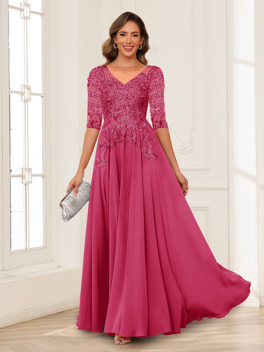 Florence fuchsia front view mother of the bride dress