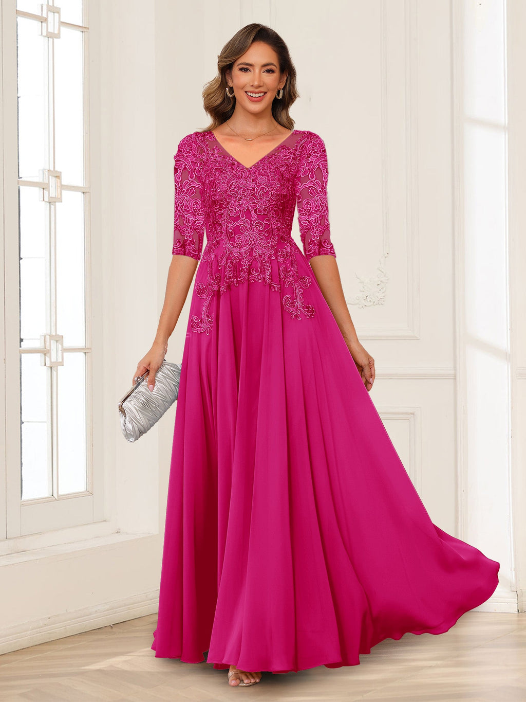 Calista Rowan Fuchsia back view mother of the bride dress